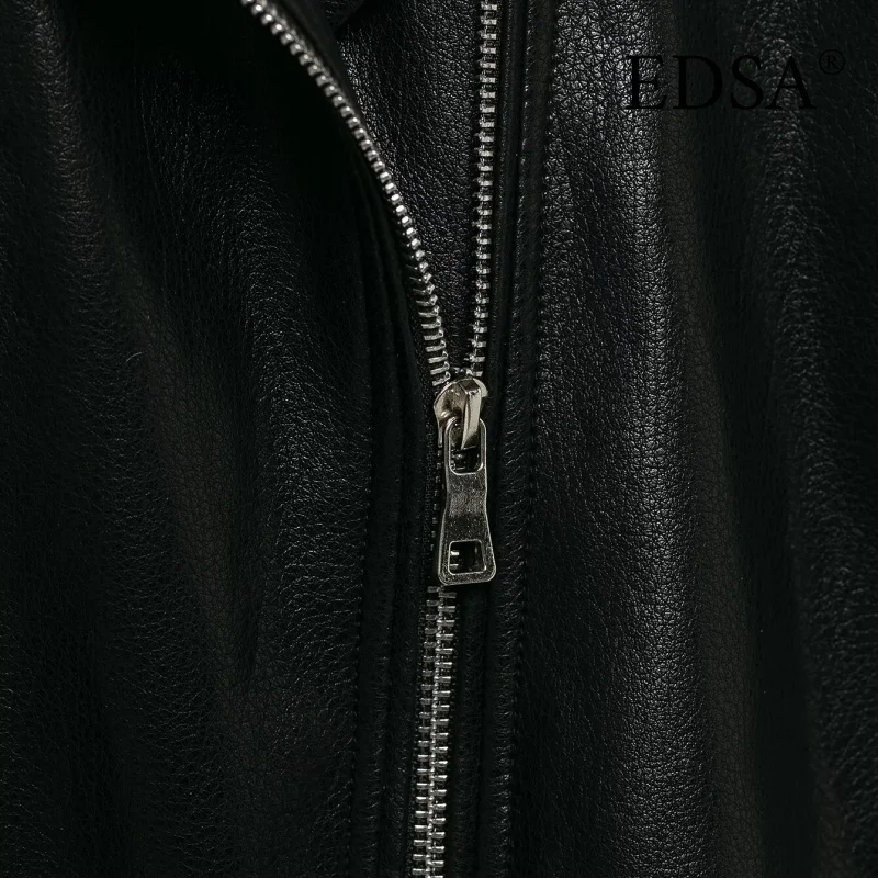 EDSA 여성용 PU 블랙 프론트 지퍼 재킷 캐주얼 라펠 넥 긴 소매 여성 코트 아우터웨어