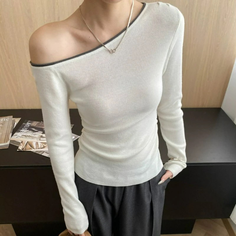 Gestrickte Frauen Pullover Jumper Solide Pullover Slash Neck Langarm Taille Cinched Schlank Büro Dame Casual Frühling Herbst 2025,
