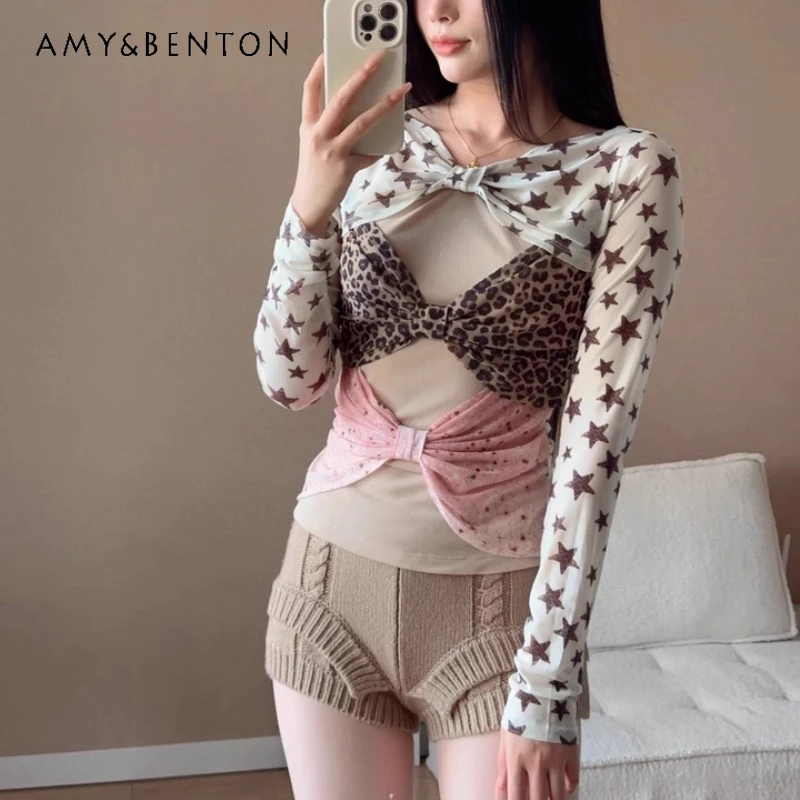 

Женская одежда в стиле ретро, осенняя новинка, трехцветная сексуальная женская футболка с леопардовым принтом, сетчатая кружевная футболка с длинными рукавами и бантом