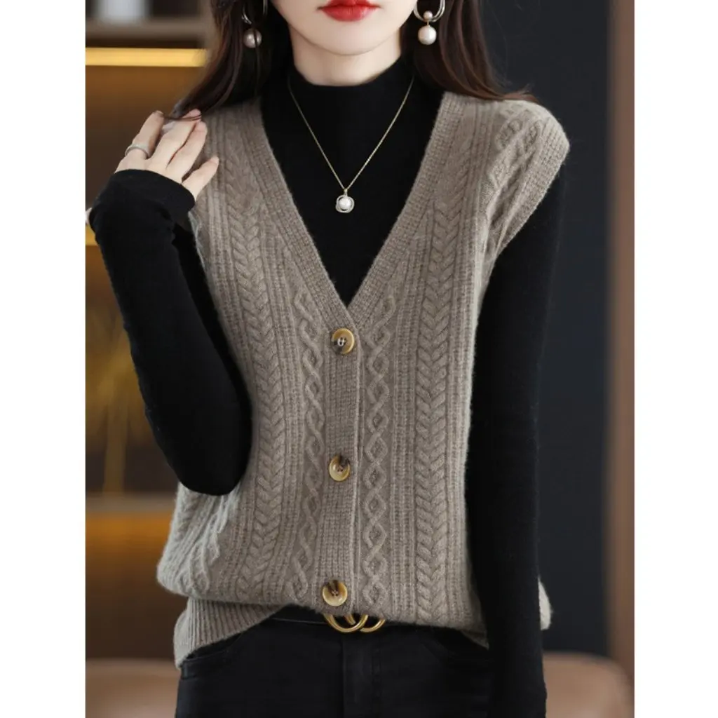 

Women's V Neck Twist Knitted Vest Cardigan Sweater Western Style Waistcoat Spring Autumn New Arrival