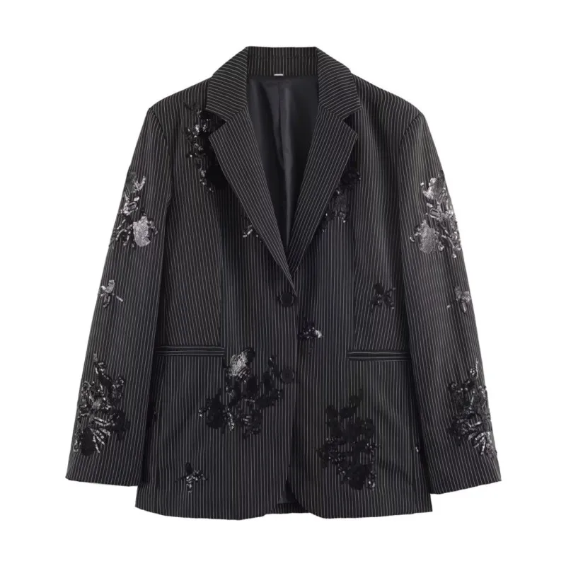 

Женский блейзер с вышивкой и пайетками, весенний модный повседневный пиджак с отложным воротником, свободный крой, длинный рукав, элегантный женский топ