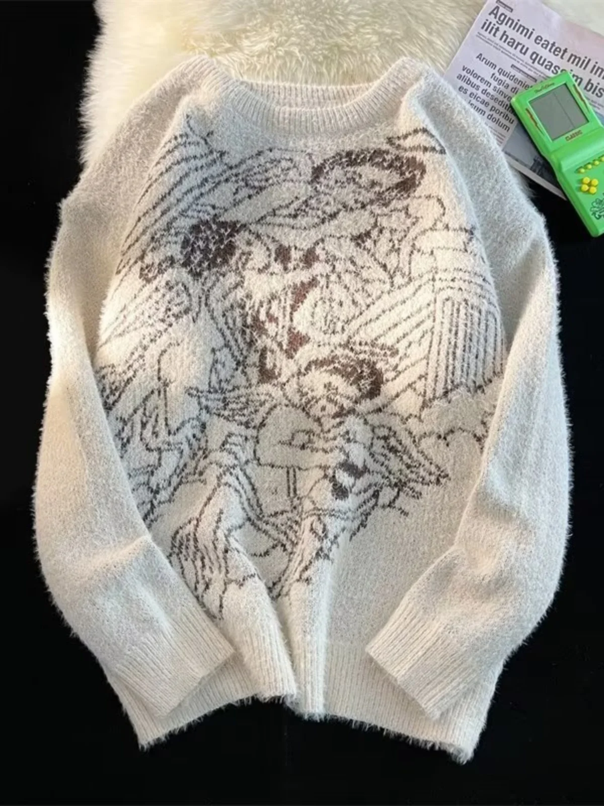 

Свободный длинный пуловер с принтом, комфортный, дышащий, повседневный, из полиэстера, с круглым вырезом, без пуговиц