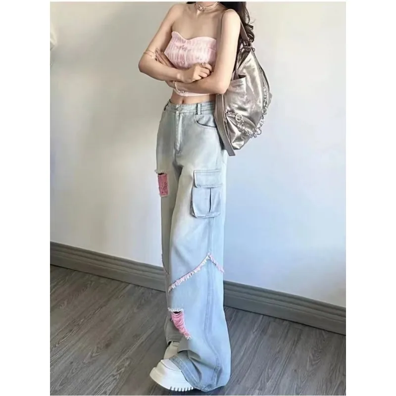 American High Street Ripped Work Jeans Retro High Waist Loose Straight Wide Leg Trousers