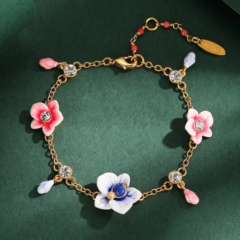 

Bohemia Fashion Handmade Enamel Glaze Clear Gemstone Pink Blue Orchid Multi Pendant Fringe Bracelet Colorful Flower Hand Jewelry