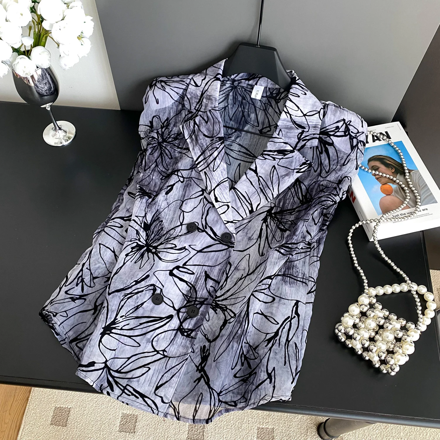 

SuperAen повседневная модная рубашка без рукавов с принтом для женщин, лето 2023, новые двубортные шифоновые рубашки