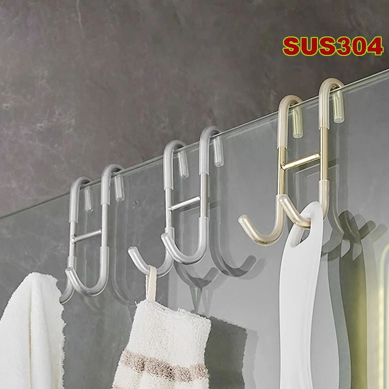 304 Stainless Steel Hook Free Punching Bathroom Shower Door Hook Over Glass Door Kitchen Cabinet Door Back Type Storage Hanger