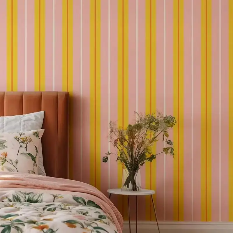 Playful Line Design Wallpaper Peel and Stick. Yellow Stripe Boho Wall Mural For Room Decor, Self-adhesive Or Traditional Papers
