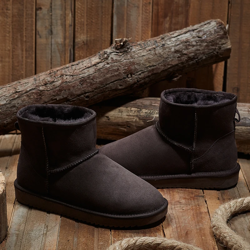 KZZO Size 37-48 Australia Classic Real Sheepskin Suede Leather Men Sheep Wool Fur Lined Winter Short Ankle Snow Boots Grey Shoes