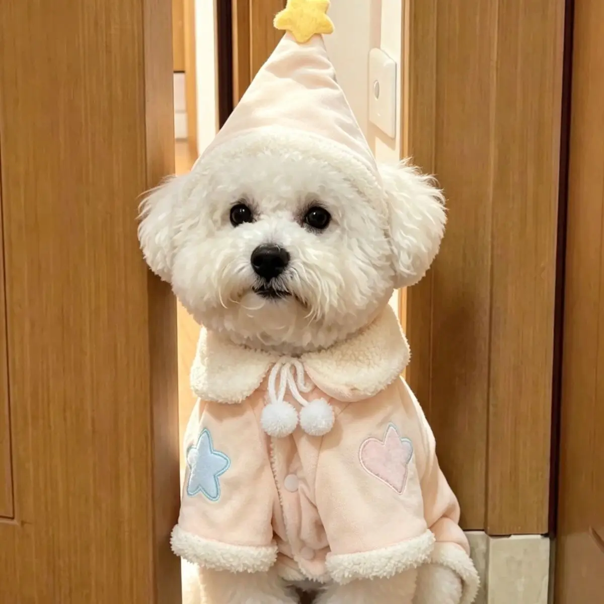 Pet Autumn/Winter Plush Cartoon Pajama Set with Sleep Hat and Plush Cute Embroidered Coat Dog Clothes for Small Dogs
