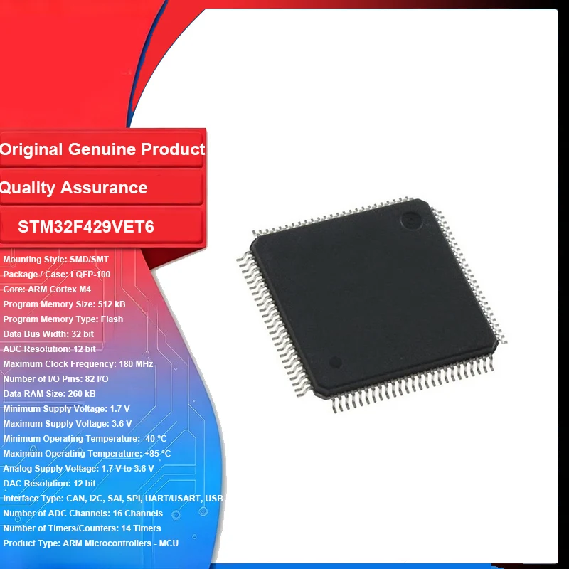 Original New STM32F429VET6 LQFP 100 Microcontroller MCU 32 Bit 180 MHz ARM Cortex M4 Integrated Circuit IC Chip for PCB Board