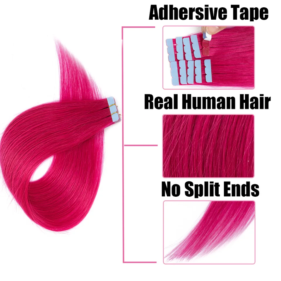 Extensiones de cabello humano en cintas mini de colores rosa, invisibles y sin costuras, 10 piezas en rojo, verde, morado y azul 3