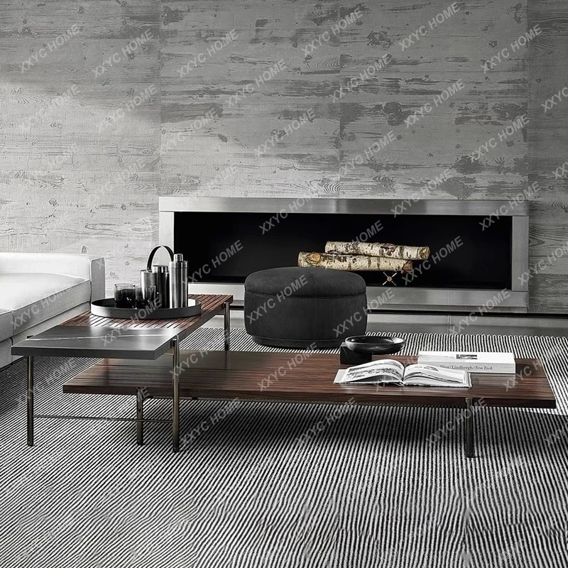 L minimalist villa living room rectangular natural marble coffee table light luxury modern solid wood table