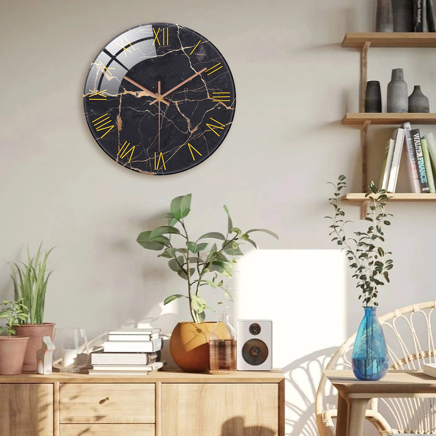 1pc 12 inch tempered glass wall clock, modern simple black marble texture gold Roman numerals design wall clock, home mute clock