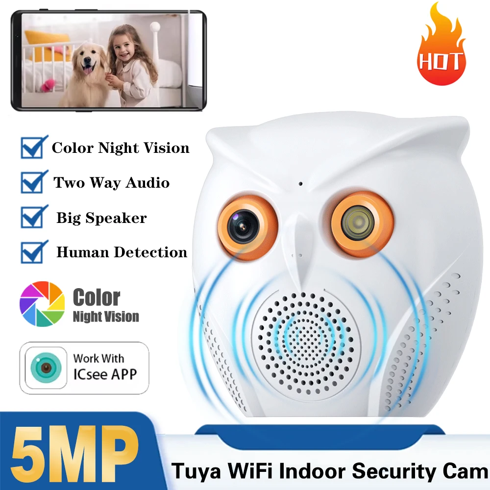 

5MP HD ICsee Owl Shape WiFi Camera Indoor Security Protection Cam CCTV Color Night Vision Monitor Two Way Audio Surveillance Cam