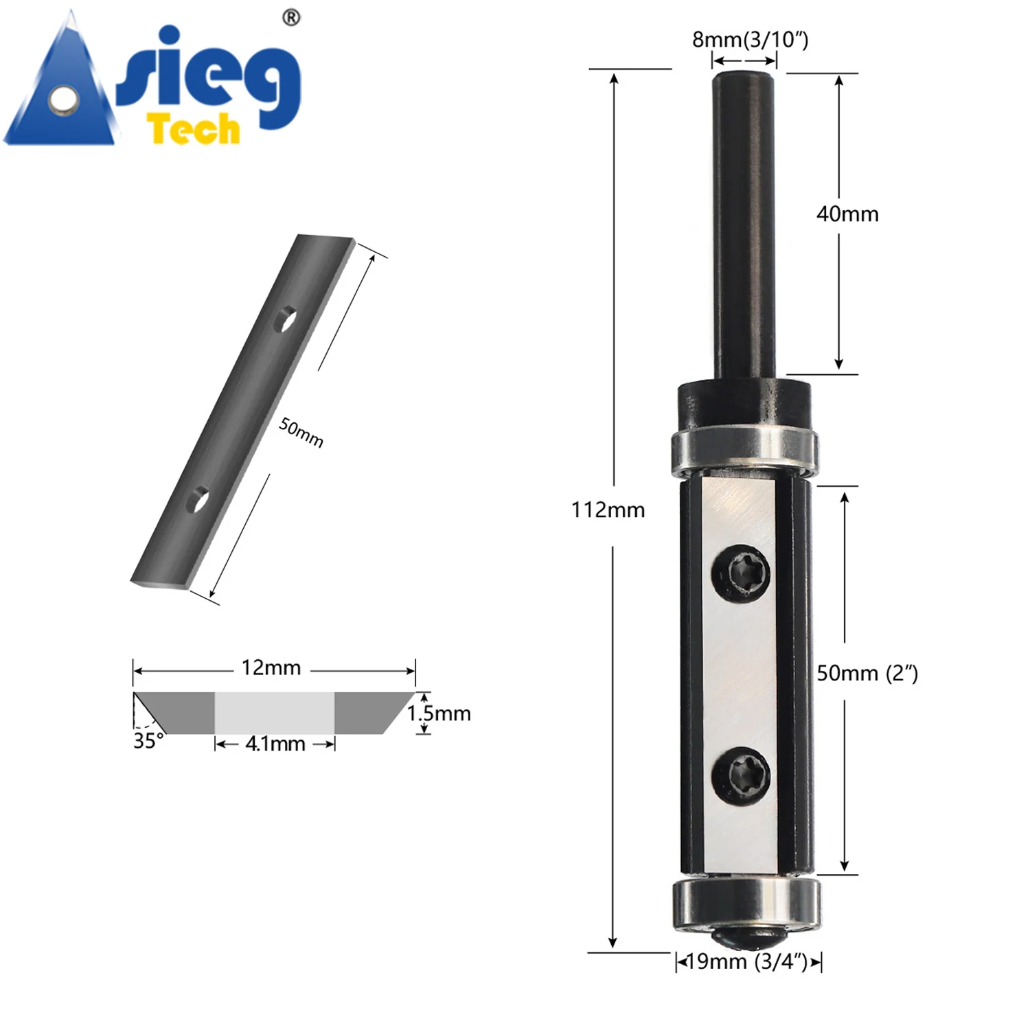 Flush Trim Router Bit 8mm Shank Top and Bottom Double Bearings Trimmer 50mm Cut Length with Repaceable Insert Cutter