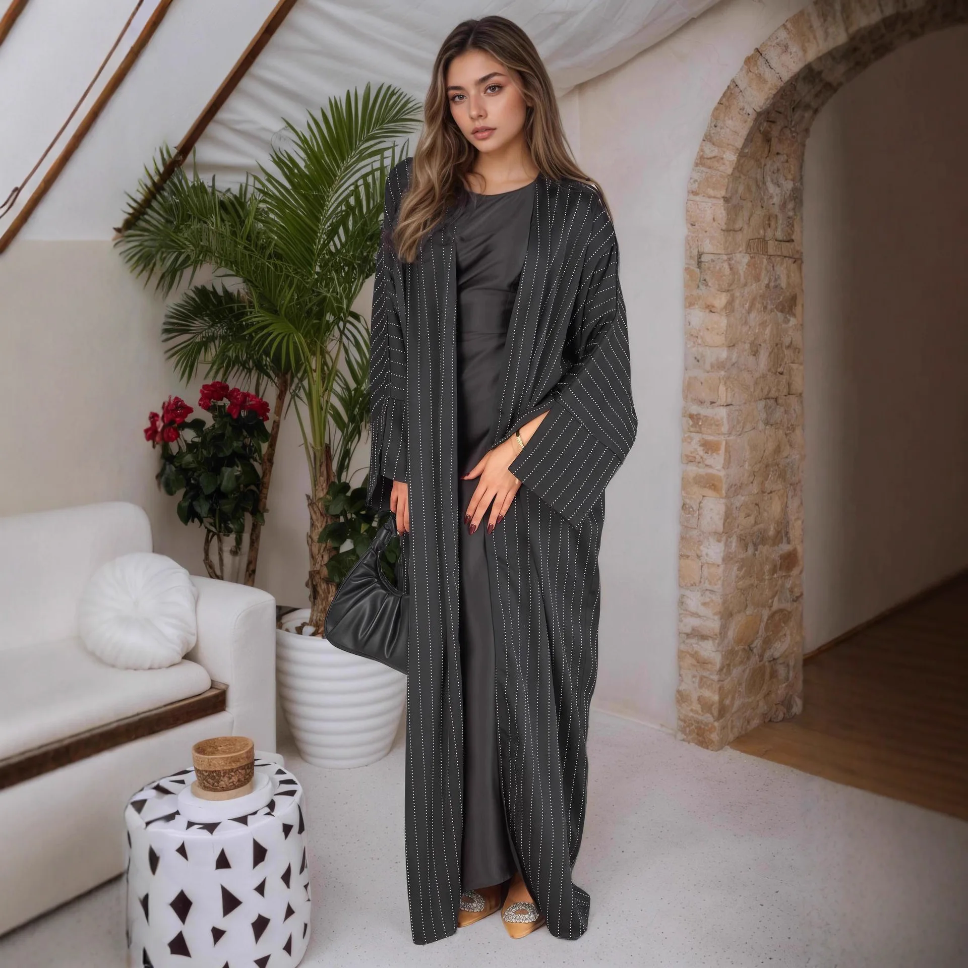 

Мусульманское платье-кардиган Абая с длинными рукавами, в полоску, с открытым швом, в стиле Дубай, скромное, повседневное, свободное, для Рамадана