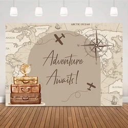 Adventure Awaits Backdrop Kids Baby Shower Birthday Background Boy Travel Photography Decor World Map Treasure Photo Studio Prop