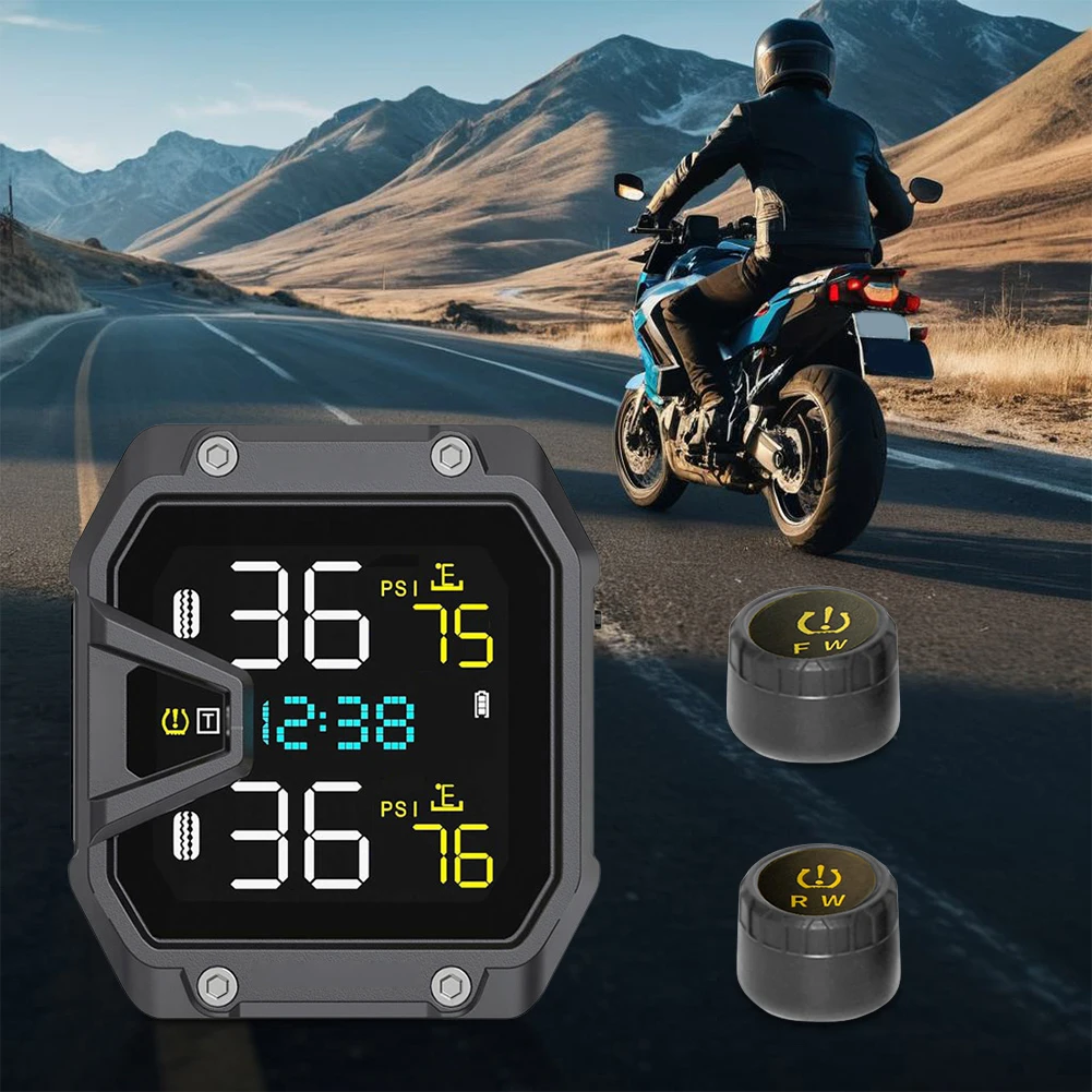 Sistema de supervisión de presión de neumáticos TPMS para motocicleta con 2 sensores, sistema de alarma de monitoreo de presión de neumáticos de motocicleta, resistente al agua IP65