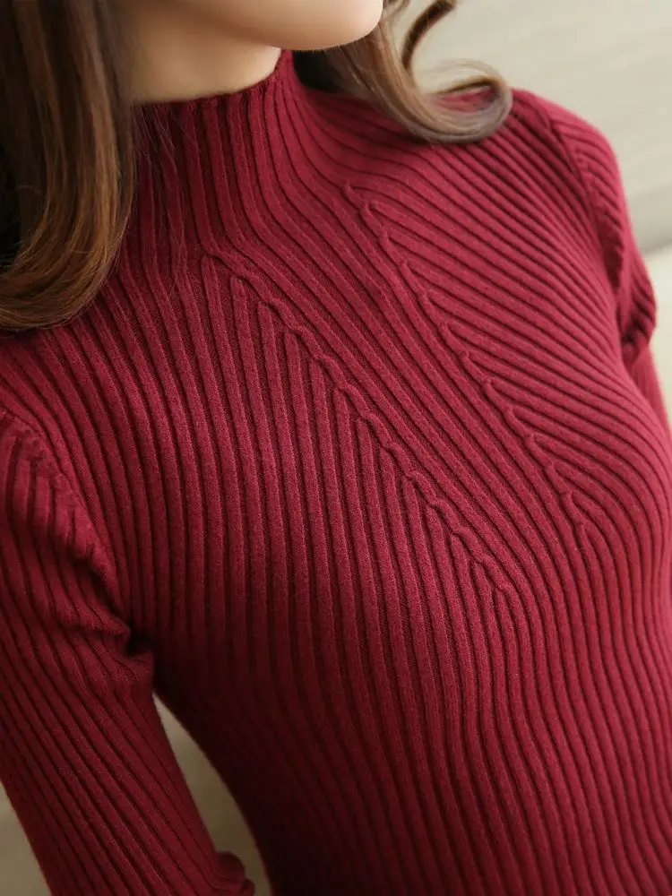 Suéteres de cuello alto para mujer, Jersey elástico de manga larga, Tops básicos de punto, Moda de Primavera y otoño, 2024