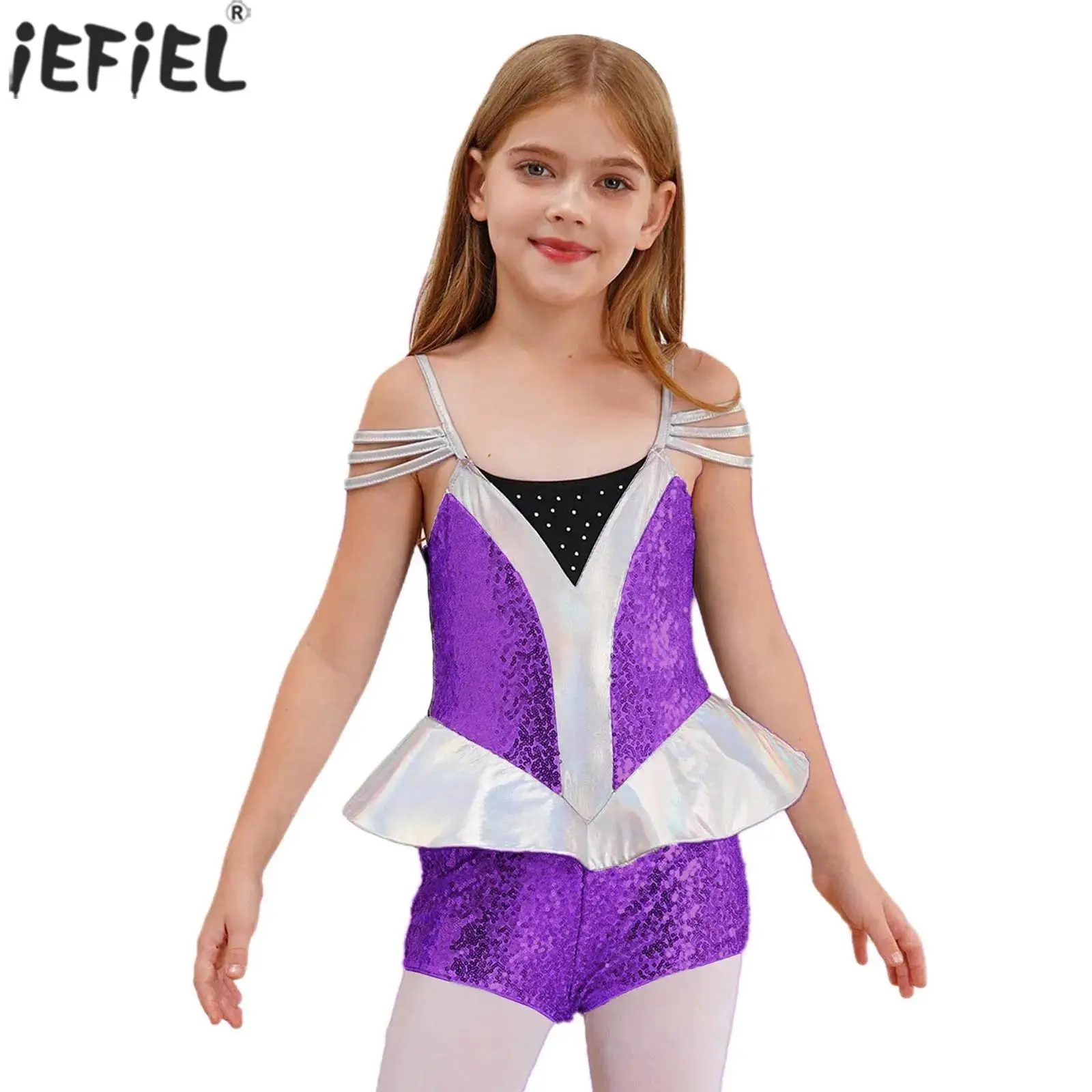 Kids Girls Alien Costume Halloween Robot Outer Space Themed Party Carnival Cosplay Jumpsuit Sleeveless Sequins Metallic Leotards