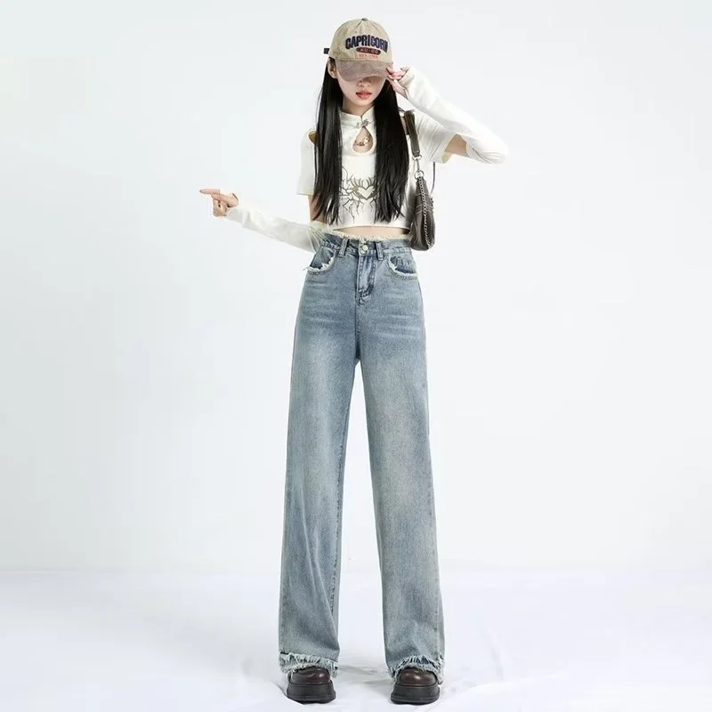 

Retro Raw Edge Jeans Women's Straight Tube Loose New High Waist Slim Narrow Wide Leg Pants Women's Jeans