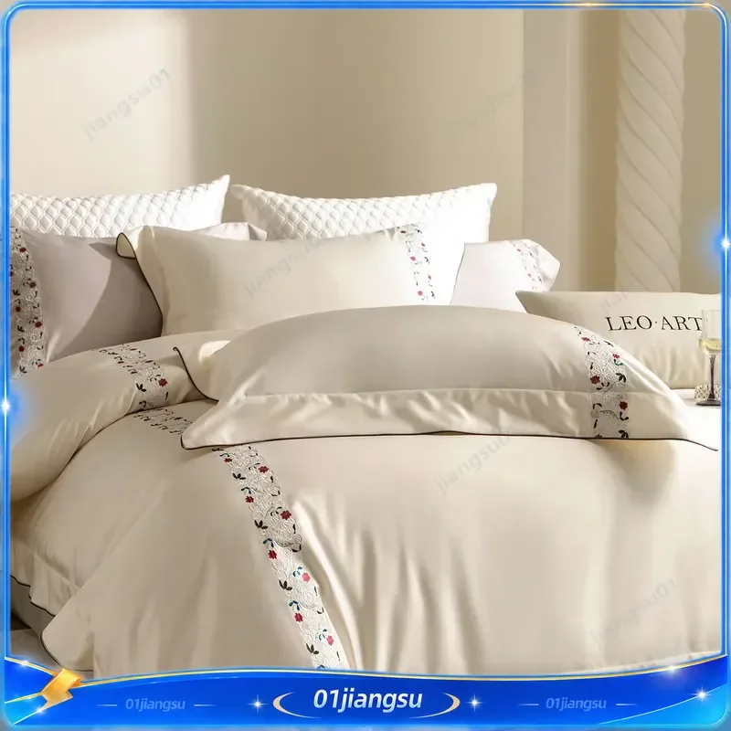 Luxury Egyptian Cotton Bedding Set 4Pcs Elegant Flower Embroidery Duvet Cover Flat Fitted Sheet Pillowcases Soft Comfortable