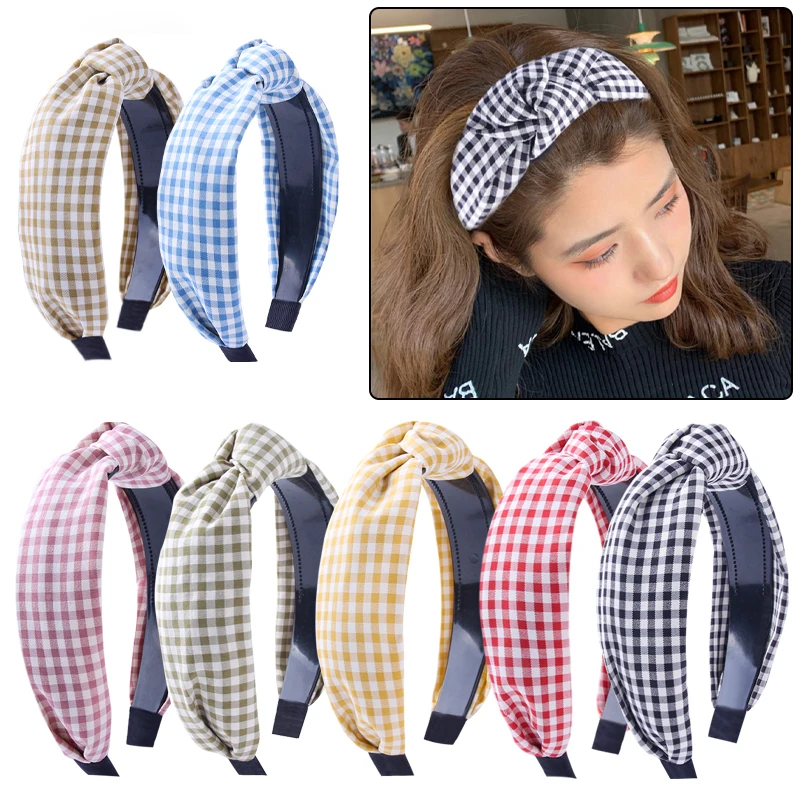 Fashion Knotted Plaid Headbands for Women Girls Wide Lattice Turban Headband Fashion Cross Knot Hair Bands Hair Accessories Gift