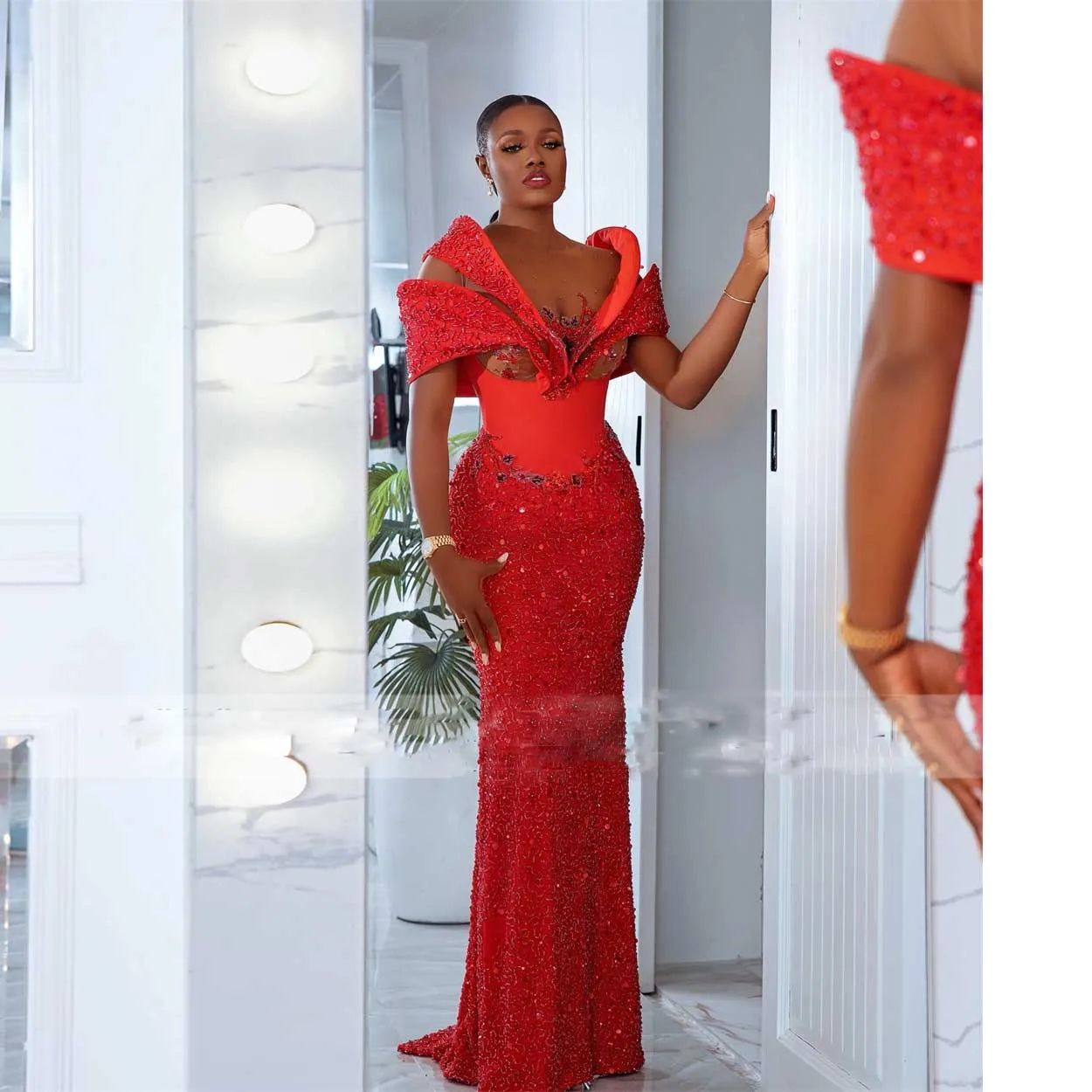 Red Prom Dresses African Women vestidos de ocasión formales Sequins Evening Dress Applique Beads Party Gowns for Wedding Luxury