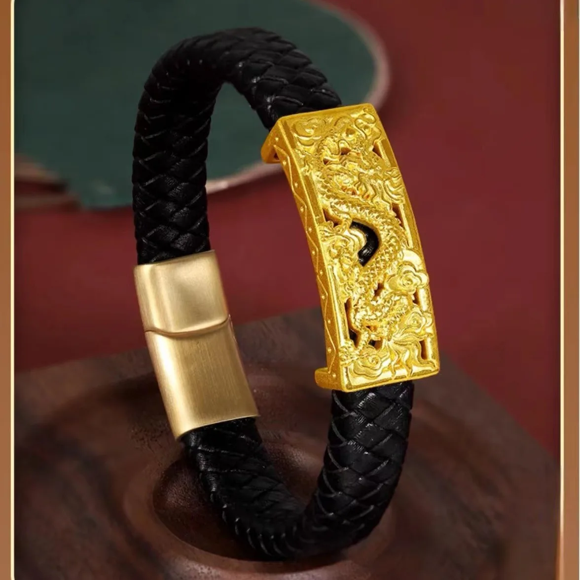 Zodiac dragon bracelet 24K pure gold leather strap bracelet AU999 gold dragon bracelet for men and women