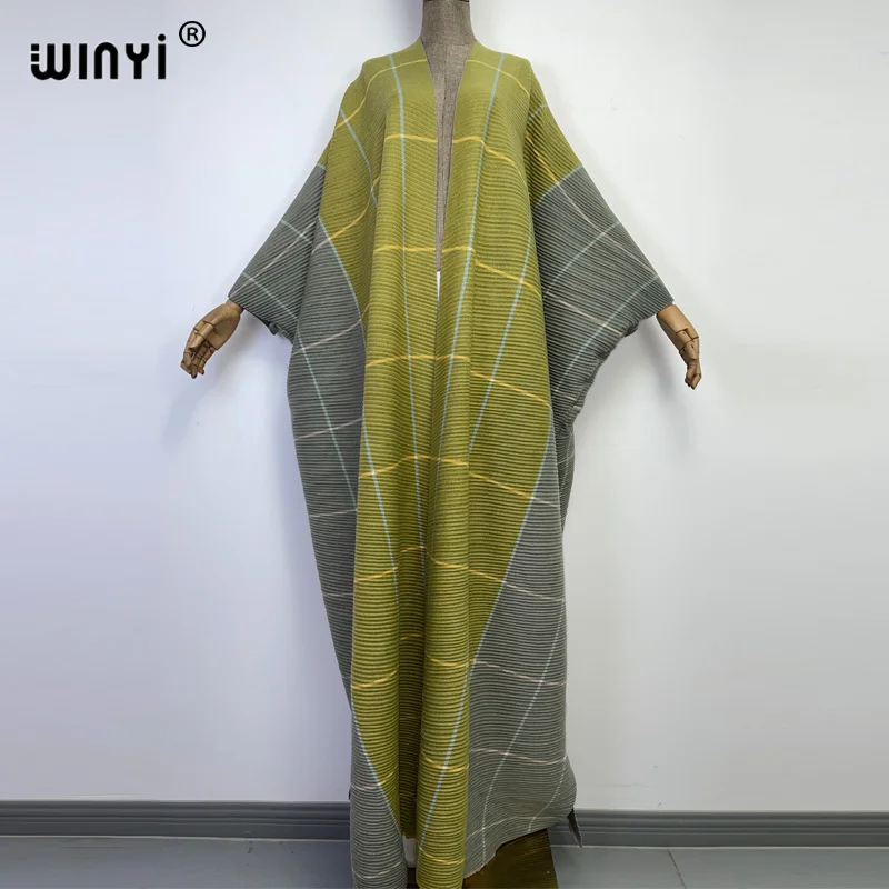 2022WINYI winter stripe printing cotton Pleated dress Beach Wear elegant Africa women Cardigan Hot Bohemian holiday party Kimono