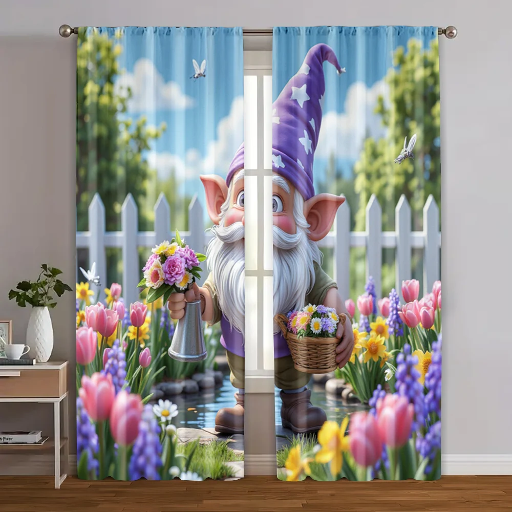 

2pcs, Curtain Popular Lavender Floral Gnome Garden Machine Washable (without rod) All Seasons Ldeal for Study, Living Room,