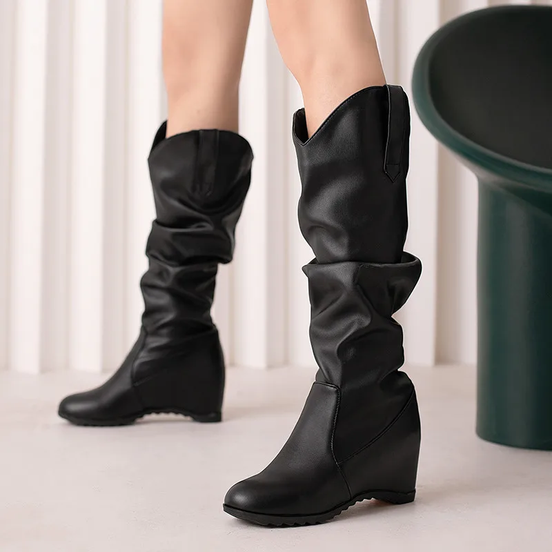 Plus Size 34-43 Free Shipping Leisure V-shape Opening Mid-calf Boots Ladies Wedge Height Increasing High Heels White Black Shoes