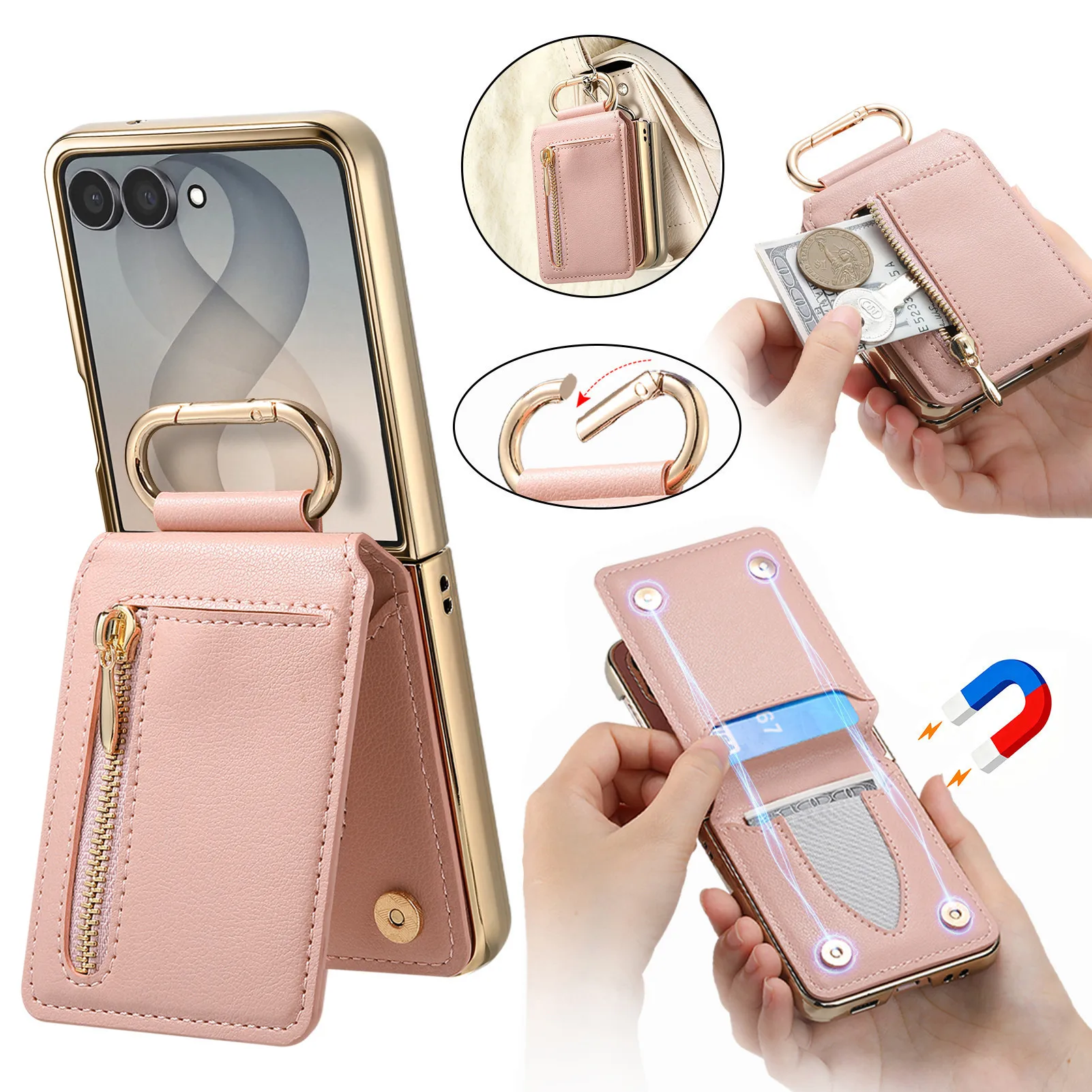 Zipper Ring Holder Flip Card Slots Wallet Leather Case for Samsung Galaxy Z Flip 8 7FE 6 5 4 Shockproof Stand Slim Fit Cover