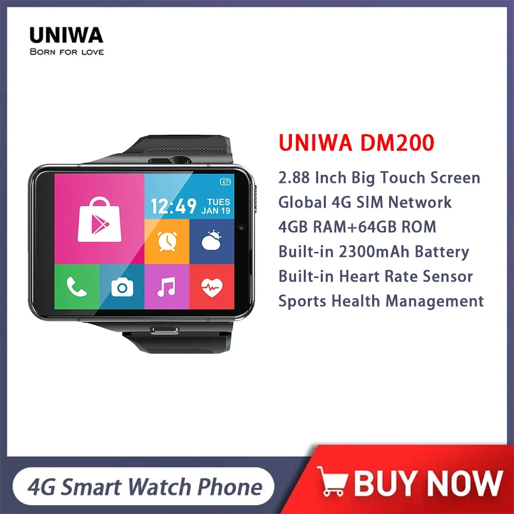 UNIWA DM200 4G LTE Watch Phone 4GB RAM+64GB ROM Android 9 Smart Watch With SIM 5MP+13MP 2.88