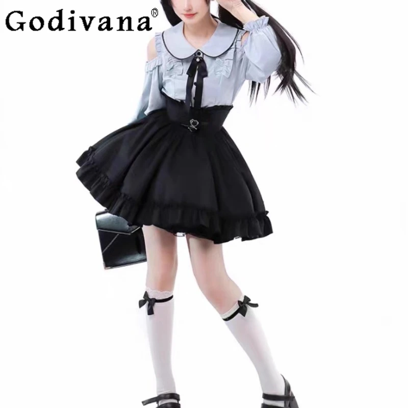 

Sweet Japanese Long Sleeve Peter Pan Collar Bow College Off-the-shoulder Shirt Fashion Girl High Waist Age-reducing Black Skirt