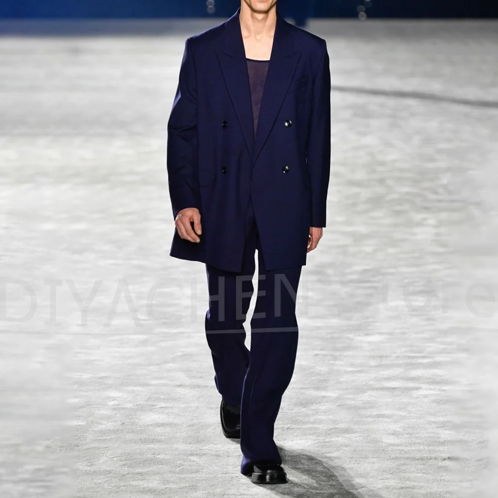 Men Navy Blue Oversized Double Breasted 2 Piece Suit Blazer Wide Leg Trousers Formal Wedding Prom Business Mens Suit Set