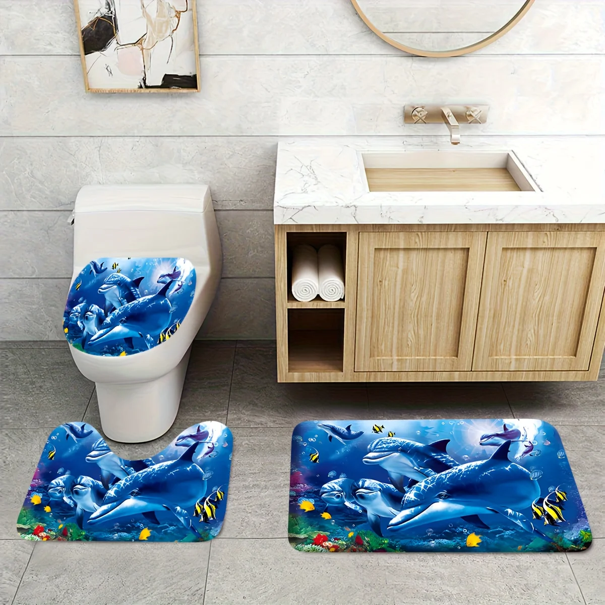 3pcs Whale & Dolphin Bath Mat Set - Non-Slip Ocean Flannel Rug & Pad for Coastal Bathroom Decor & Marine Lover Style​