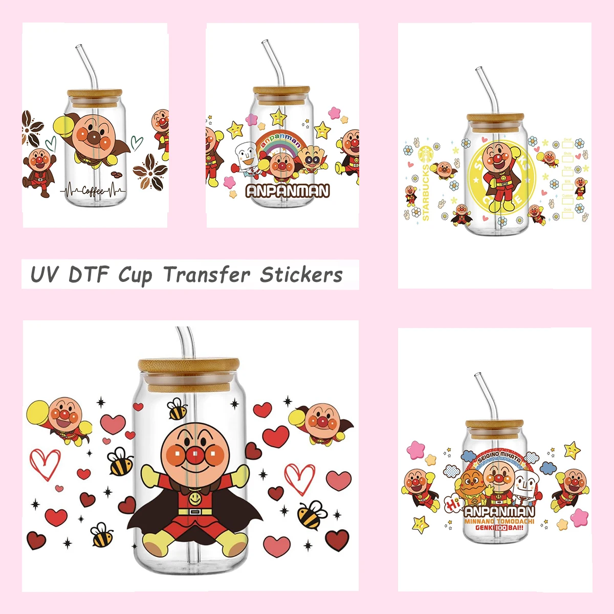 

Cute Red Round Face Superhero UV DTF Cup Transfer Sticker Waterproof Floral and Heart Transfer Decal for 16oz Glass Tumbler