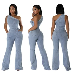 Summer Women Casual Diagonal Shoulder Tight Waist Slim Stretch Denim Romper Jumpsuit Streetwear Flared Pants Jeans Jumpsuit