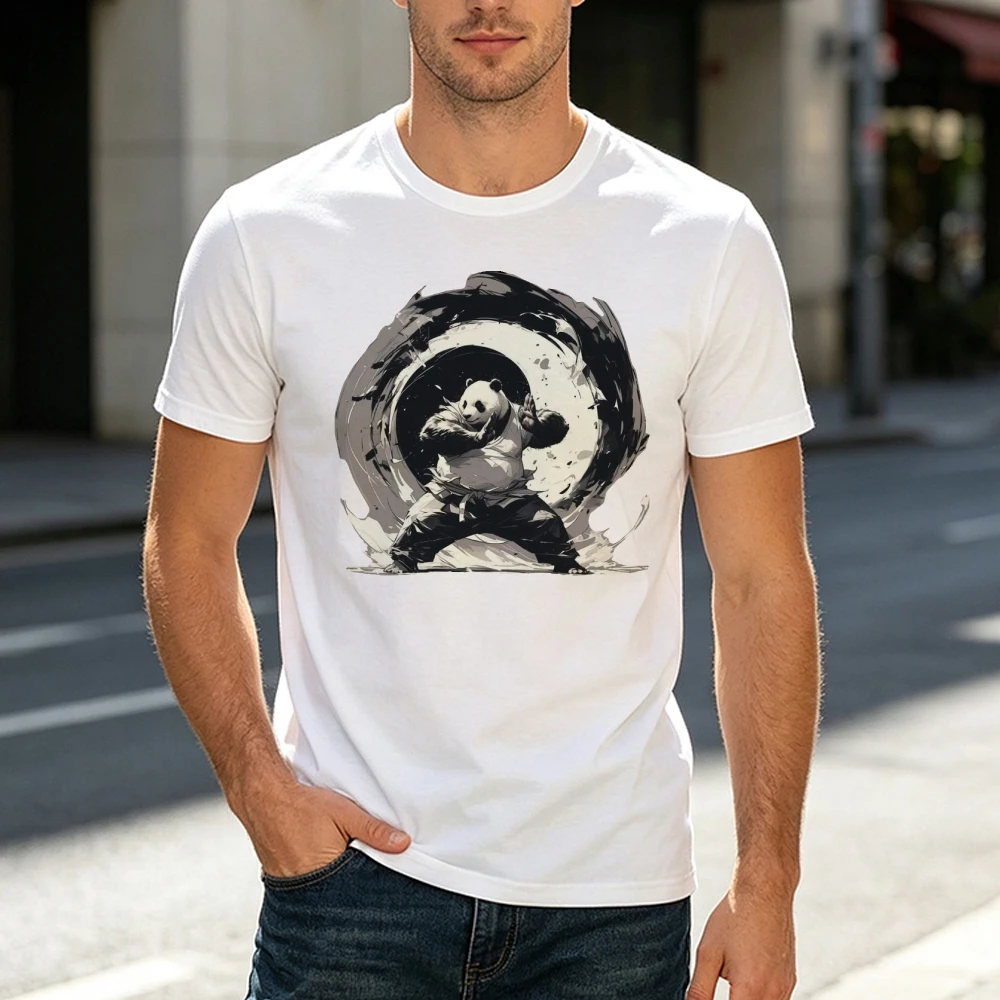 Kung-Fu-Panda T-Shirt für Männer und Frauen in Weiß mit Coolem Action-Tiermotiv, Sport-Fan-Geschenk, Ästhetisches Gym- und Streetwear-Oberteil