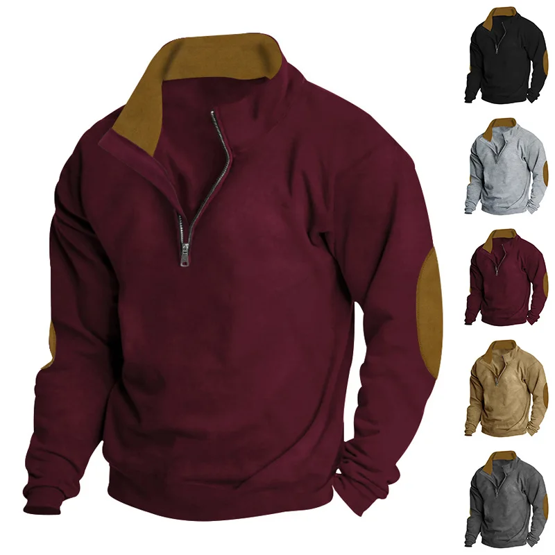 

2024 cross-border hot-selling men's outdoor casual embroidery color matching stand-up collar long-sleeved sweater