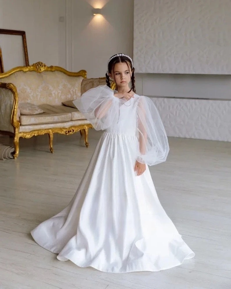 Satin Flower Girl Dress with Bow Tulle Wedding Dresses Junior Bridesmaid Toddler Ivory Girl Princess Pageant Dresses for Girls