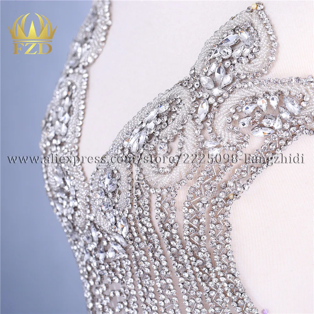 FZD 1 Piece Silver All rhinestones Crystal Stone Beaded Bodice Patches beads Apprarel for Wedding Dresses, DIY Decorative Cloth