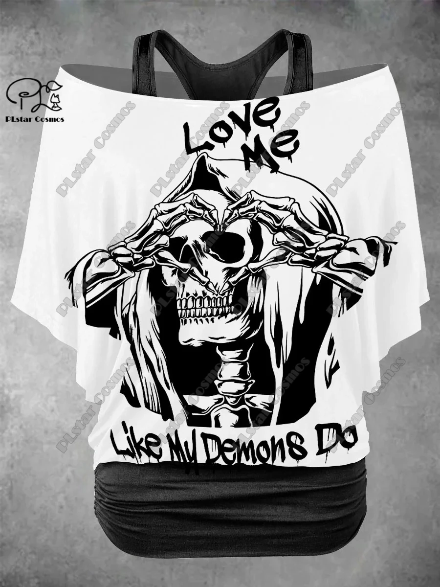 

PLstar Cosmos 3D Printed Fake Two-Piece Top Women's Retro Punk Skull Rose Casual T-Shirt Halloween Costume Collection 5