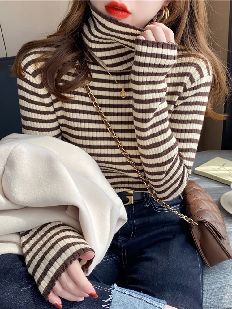 Elegant Stripe Basic Knitted Women Tops Turtlneck Sweater Long Sleeve Casual Slim Pullover Korean Fashion Simple Chic Clothes