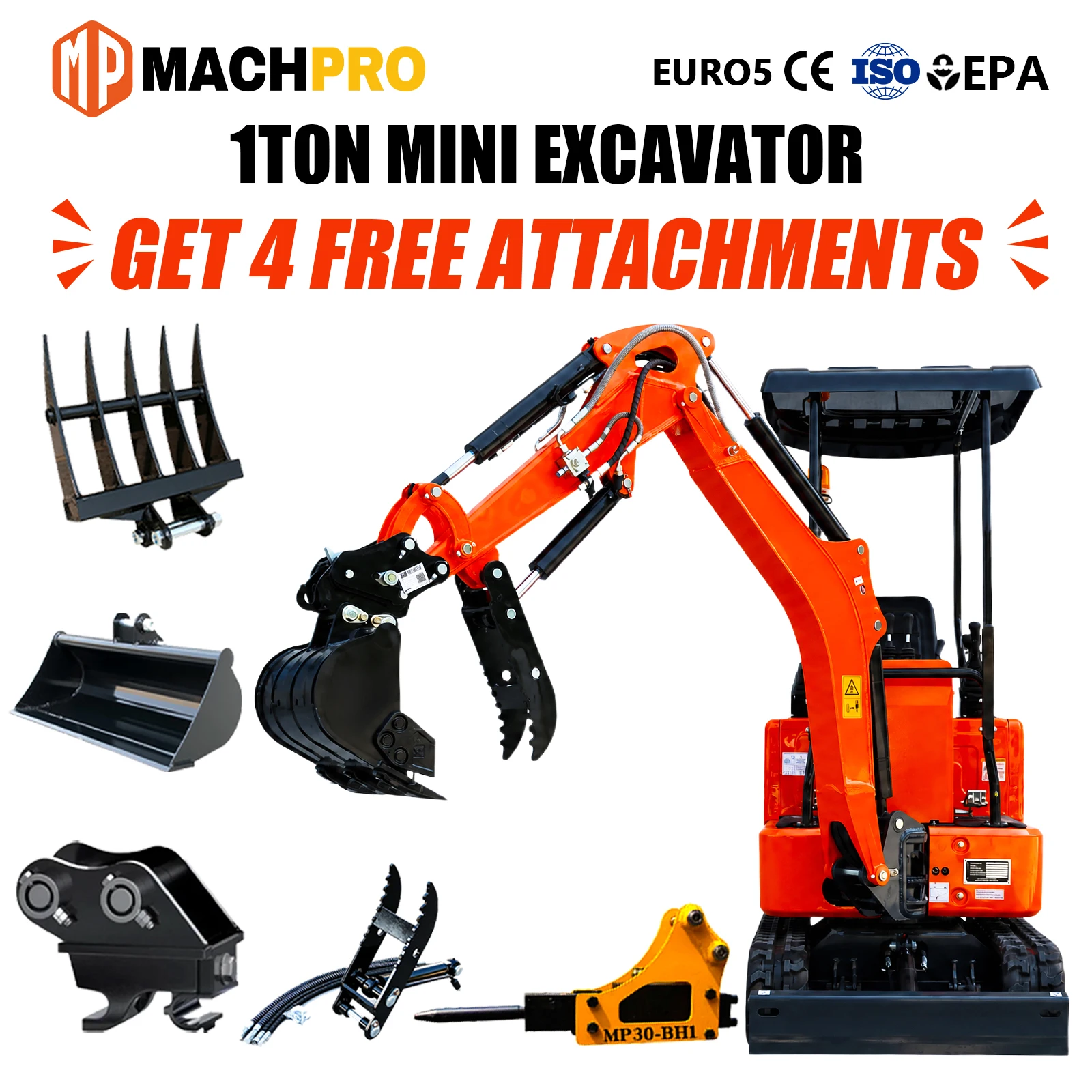 Mini Excavadora Nueva Mejorada 13,5HP, Conexión Rápida y Pluma Oscilante Lateral, Certificado Euro5‑CE, Envío Gratuito
