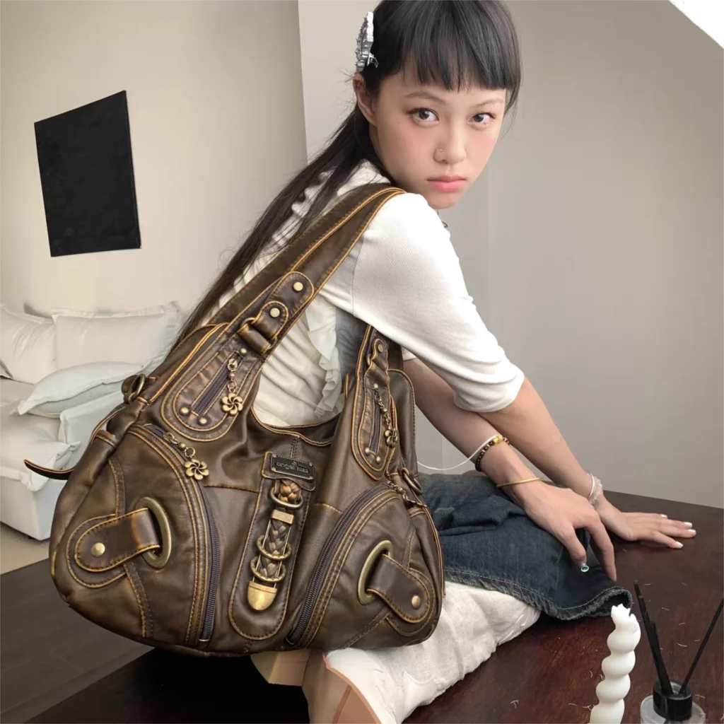 ダミエ ボディバッグ Y2K JIAERDI Vintage Brown Y2k Handbag Women Retro Subculture Leather