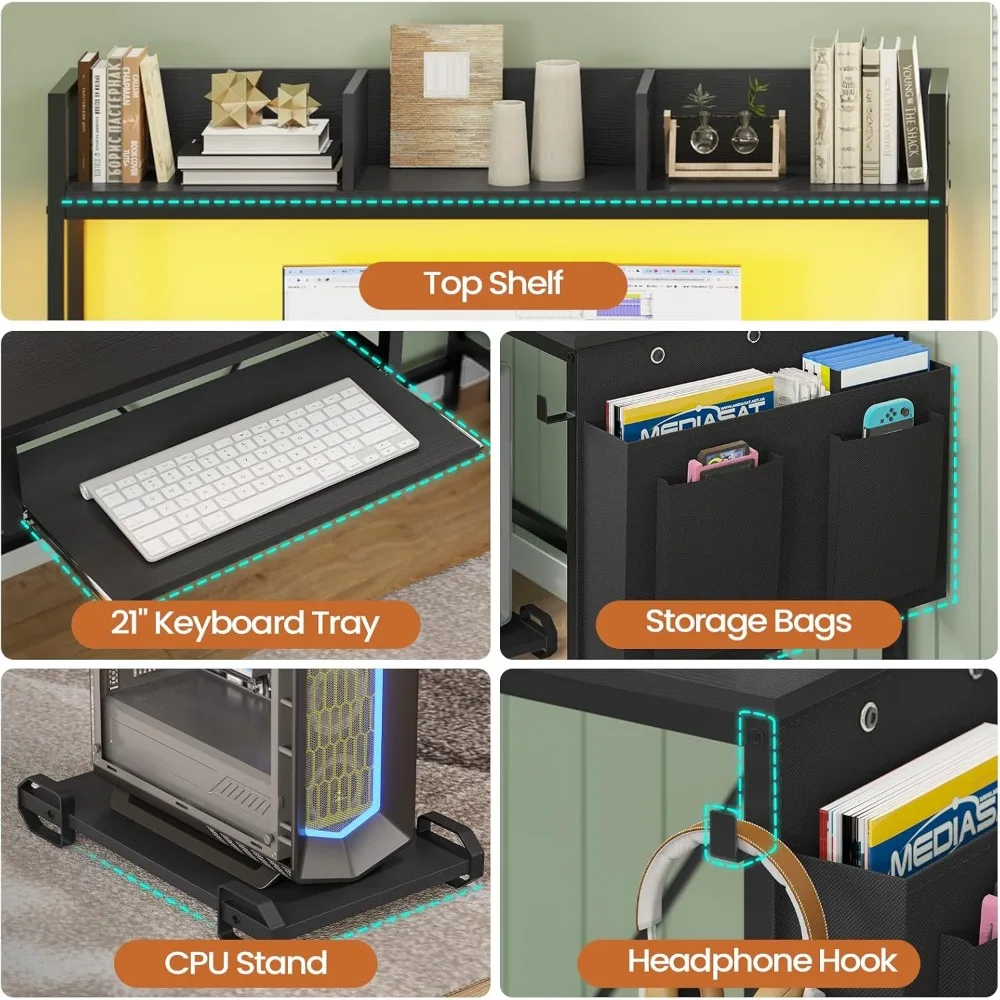 مكتب ألعاب على شكل حرف L مع صينية لوحة مفاتيح، مكتب كمبيوتر قابل للعكس مع مخرج طاقة، مكاتب مكتب منزلية زاوية، كابينة ملفات متنقلة