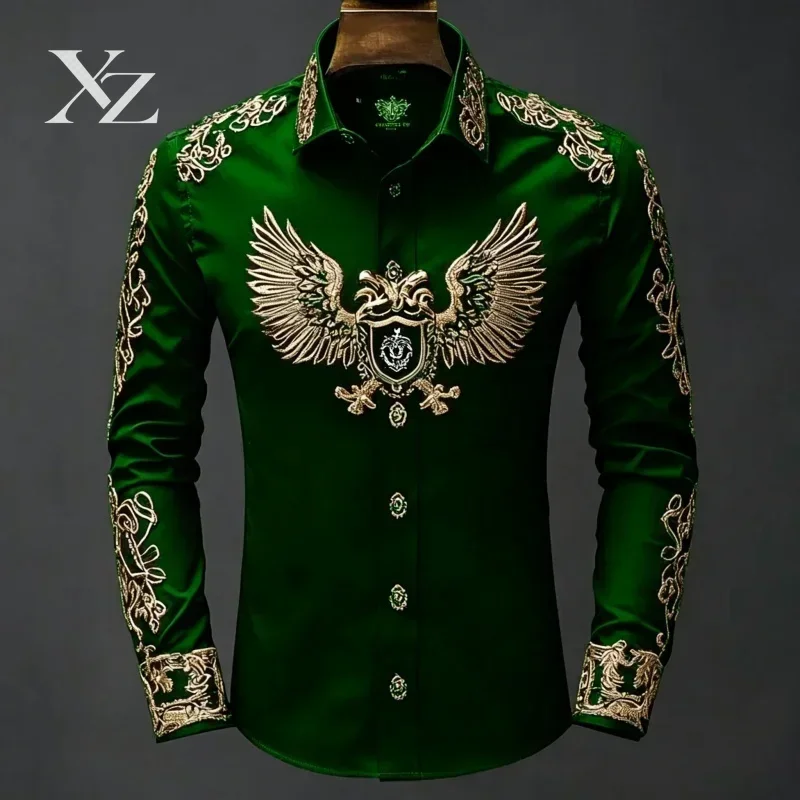 Men's Light Luxury Long Sleeved Printed Shirt European Gold Eagle Print Business Casual Banquet High-End Shirt