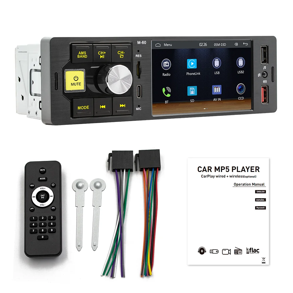 4.1 Inch 1DIN Carplay Android Auto Car Radio MP5 Player Bluetooth FM USB TF Mirror Link Type C 60W x4